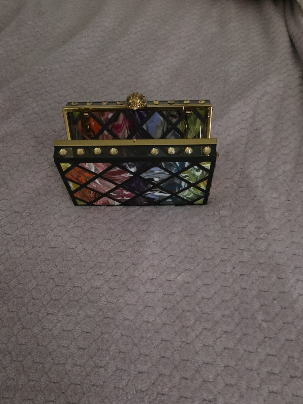 Kurt Geiger Multicolor Geometric Lattice Clutch with Gold Trim